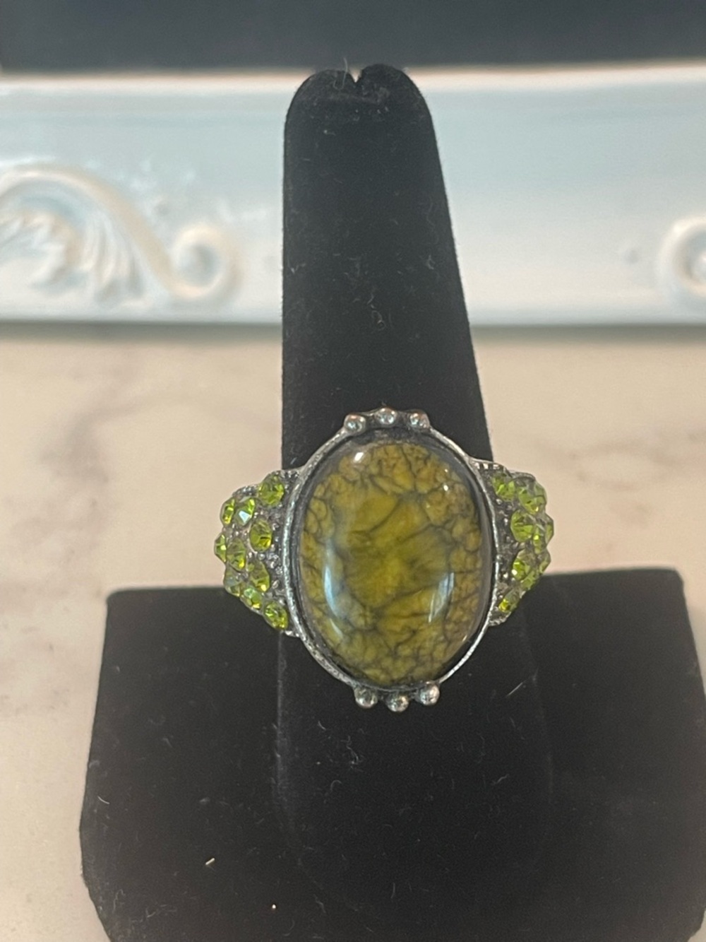 Olive Green Stone Statement Ring with Peridot Accent - Women Jewelry
